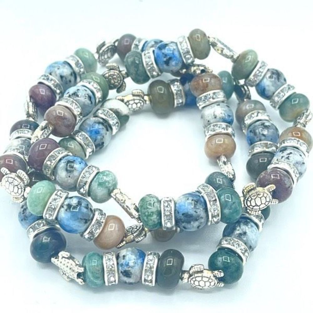 Sea Turtle India agate K2 beaded stretch bracelet ONE NEW crystal reiki yoga med